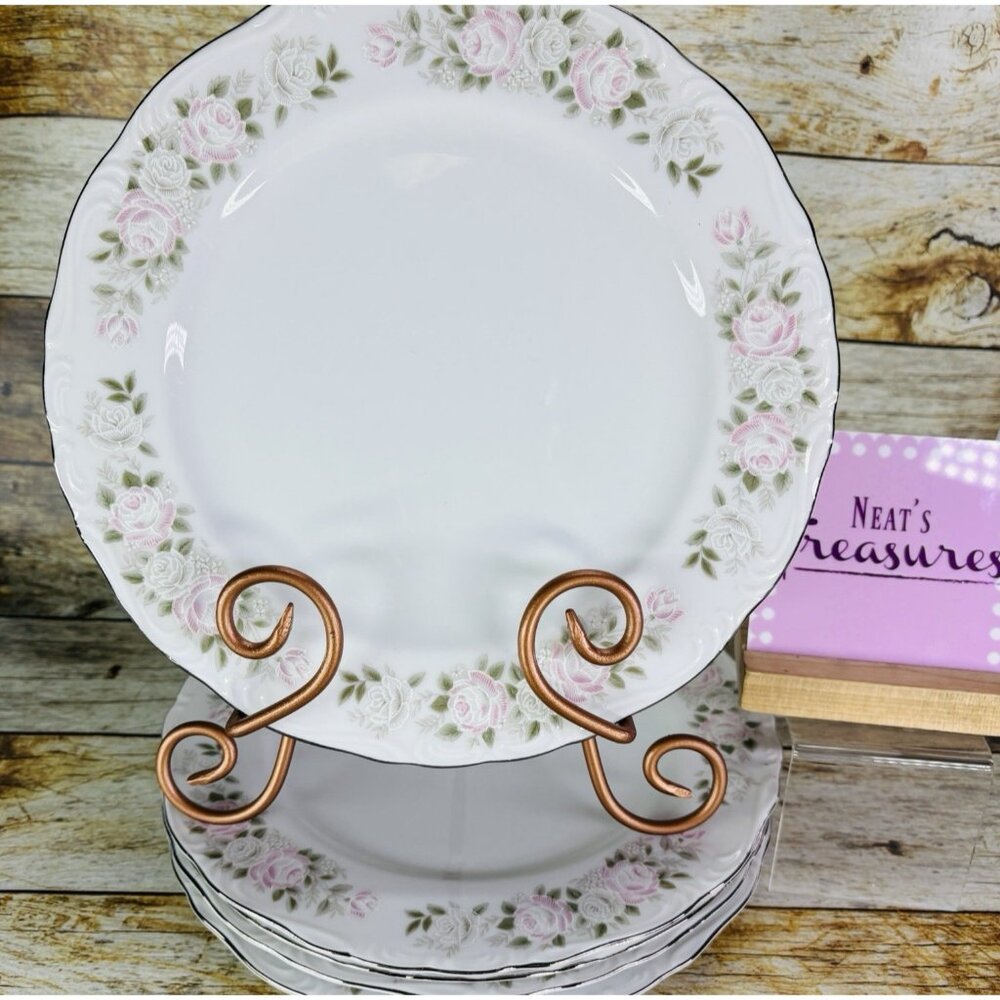 Sheffield Fine China CLASSIC 501 Pink Roses  Platinum Trim Dinner Plates Set 5
